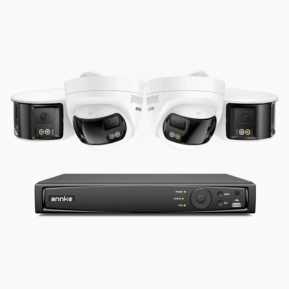 FDH800, 4K 8CH PoE Security System with 4 Seamless 180° Dual-Lens Cameras (2 Bullet + 2 Turret)，77° Vertical FOV for Superior Panoramic Coverage, Smart Color Night Vision & Active Deterrence, Two-Way…