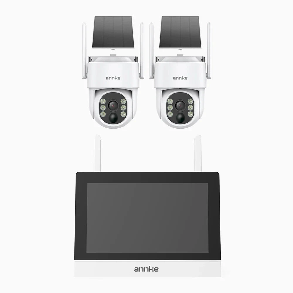 WTB400 - 4MP 4 Channel 2 Solar Cameras Wireless NVR CCTV System with 7″ Monitor, IPS Touch Screen, Motion Detection, Two-Way Audio, 9000mAh Rechargeable Battery & Solar Powered, 270° Pan & 90° Tilt,…