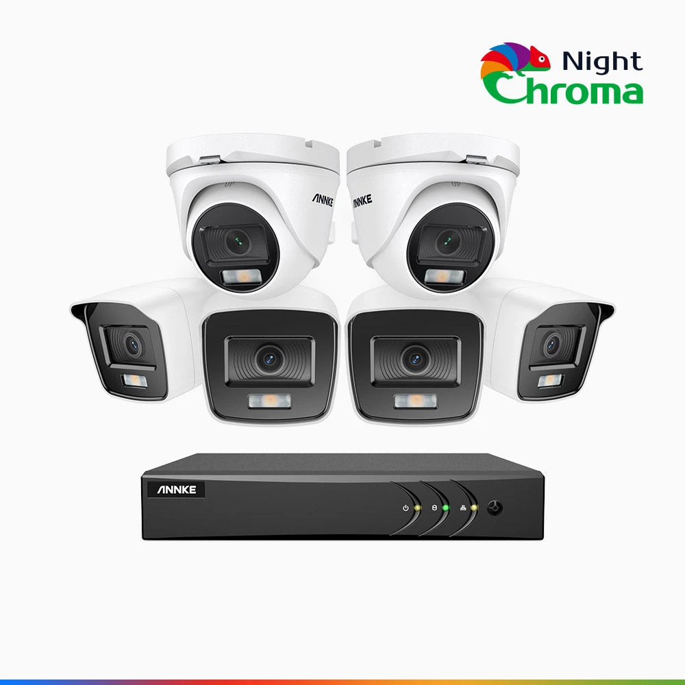 NightChromaTM NAK200 - 1080P 8 Channel Wired CCTV System with 4 Bullet & 2 Turret Cameras, Acme Colour Night Vision, f/1.0 Super Aperture, 0.001 Lux, 121° FoV, Active Alignment