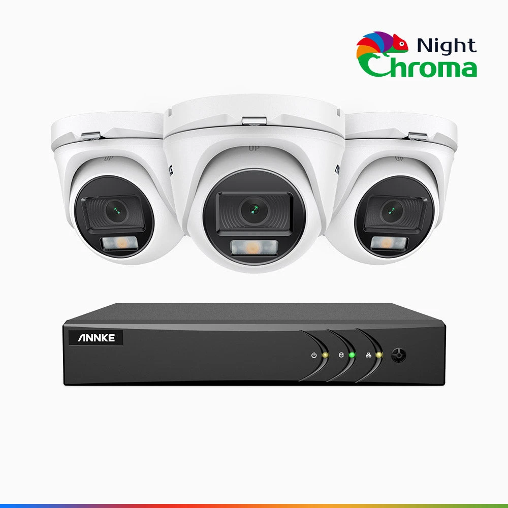 NightChromaTM NAK200 - 1080P 8 Channel 3 Cameras Wired CCTV System, Acme Colour Night Vision, f/1.0 Super Aperture, 0.001 Lux, 121° FoV, Active Alignment