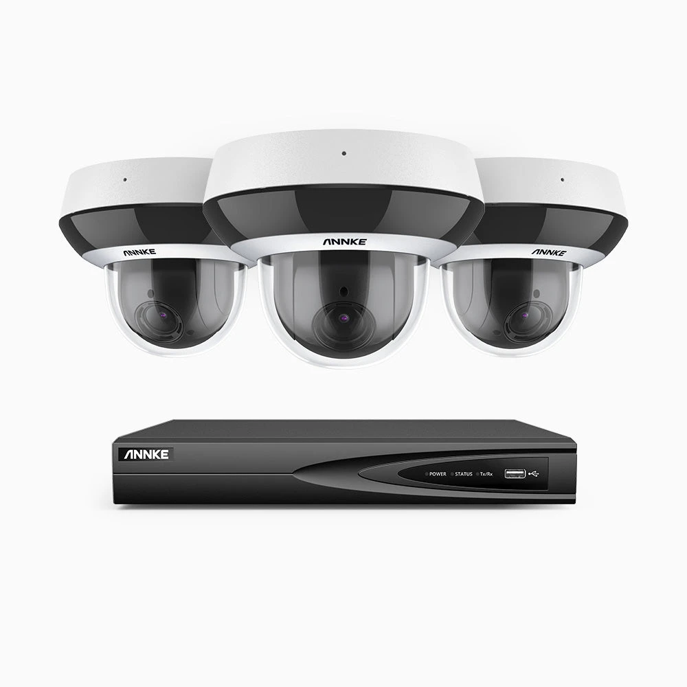 HZ504P - 4 Channel 3 Cameras PTZ PoE Security System, 3K Super HD, 4X Optical Zoom, 3072 × 1728 @ 30FPS, Color Night Vision, Human & Vehicle Detection, Two-Way Audio, IK10 Vandal-Proof