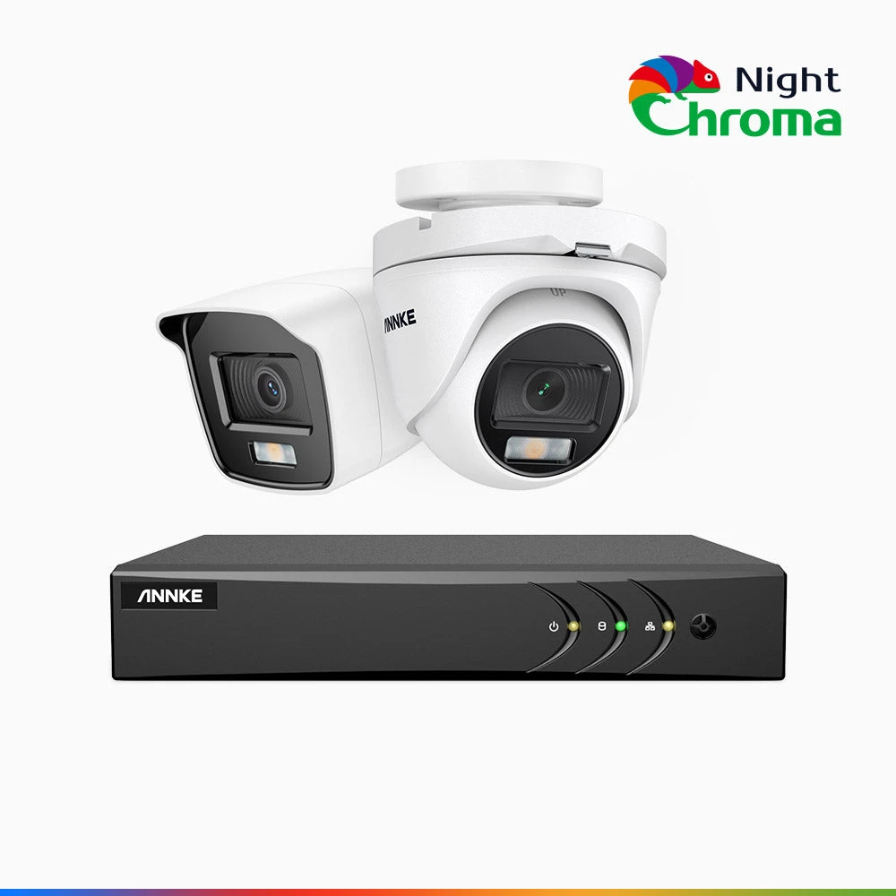 NightChromaTM NAK200 - 1080P 4 Channel Wired CCTV System with 1 Bullet & 1 Turret Cameras, Acme Colour Night Vision, f/1.0 Super Aperture, 0.001 Lux, 121° FoV, Active Alignment