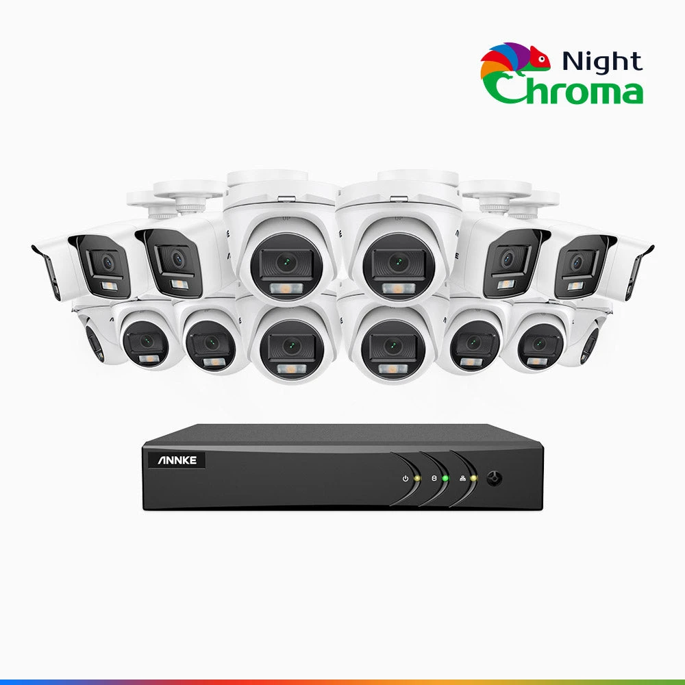 NightChromaTM NAK200 - 1080P 16 Channel Wired CCTV System with 6 Bullet & 10 Turret Cameras, Acme Colour Night Vision, f/1.0 Super Aperture, 0.001 Lux, 121° FoV, Active Alignment