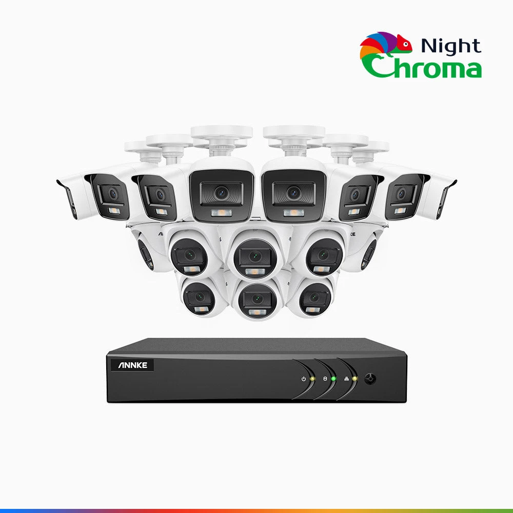 NightChromaTM NAK200 - 1080P 16 Channel Wired CCTV System with 8 Bullet & 8 Turret Cameras, Acme Colour Night Vision, f/1.0 Super Aperture, 0.001 Lux, 121° FoV, Active Alignment