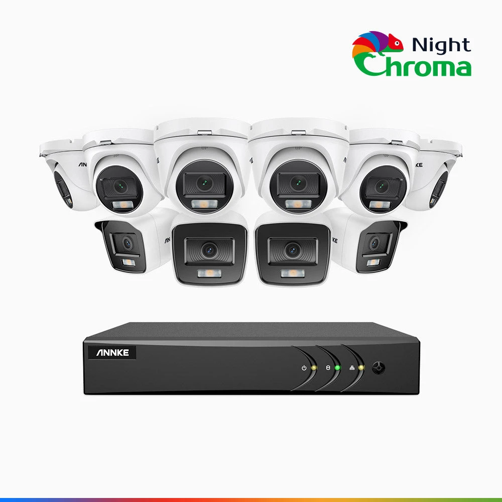NightChromaTM NAK200 - 1080P 16 Channel Wired CCTV System with 4 Bullet & 6 Turret Cameras, Acme Colour Night Vision, f/1.0 Super Aperture, 0.001 Lux, 121° FoV, Active Alignment