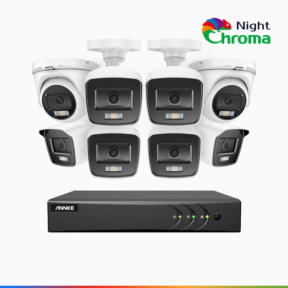 NightChromaTM NAK200 - 1080P 8 Channel Wired CCTV System with 6 Bullet & 2 Turret Cameras, Acme Colour Night Vision, f/1.0 Super Aperture, 0.001 Lux, 121° FoV, Active Alignment
