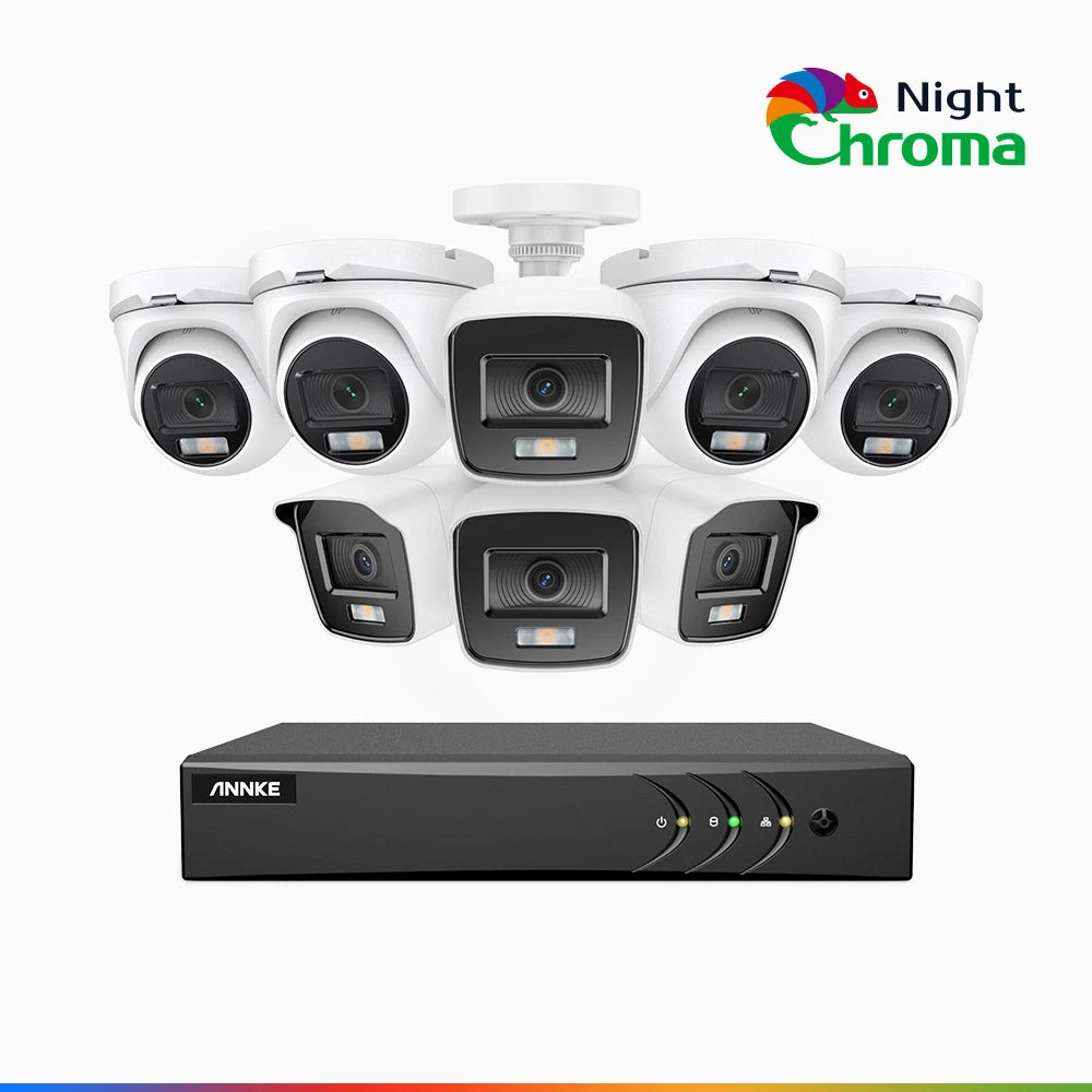 NightChromaTM NAK200 - 1080P 8 Channel Wired CCTV System with 4 Bullet & 4 Turret Cameras, Acme Colour Night Vision, f/1.0 Super Aperture, 0.001 Lux, 121° FoV, Active Alignment