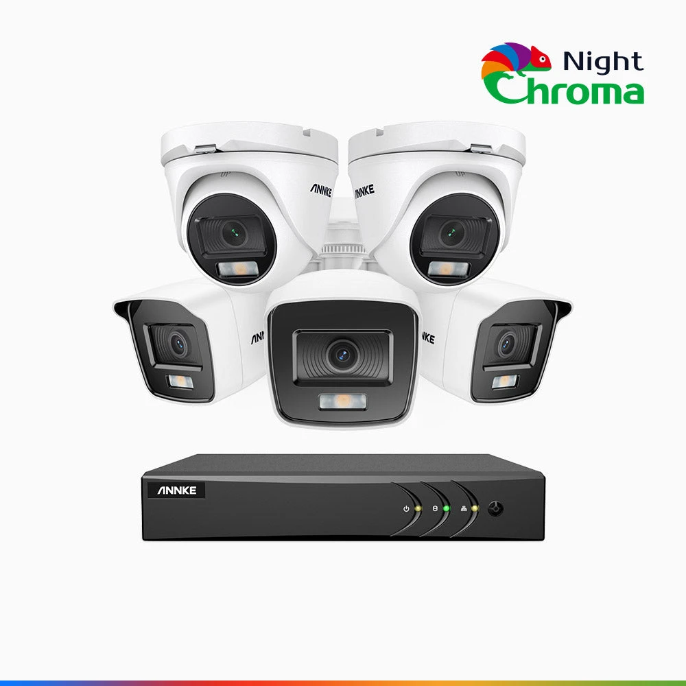 NightChromaTM NAK200 - 1080P 8 Channel Wired CCTV System with 3 Bullet & 2 Turret Cameras, Acme Colour Night Vision, f/1.0 Super Aperture, 0.001 Lux, 121° FoV, Active Alignment