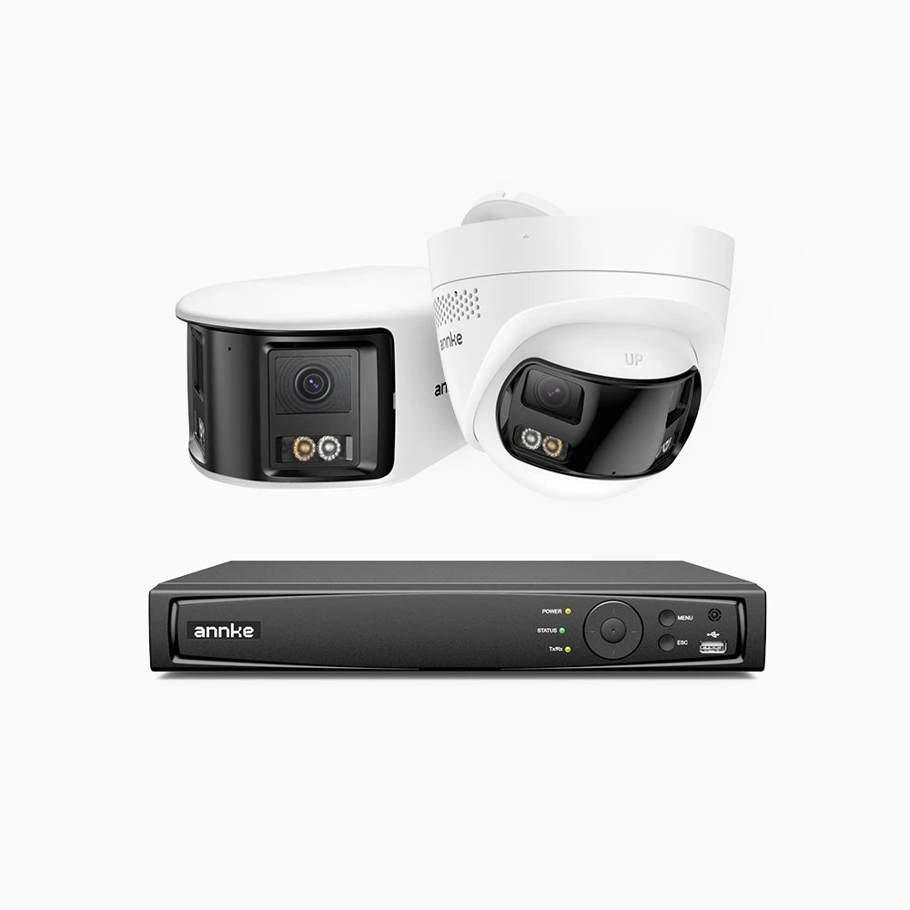 FDH600 - 8 Channel PoE Security System with 1 Bullet & 1 Turret Dual Lens Cameras, 6MP Resolution, 180° Panoramic View, Smart Dual Light Night Vision, Two-Way Audio, Active Siren & Alarm, Human & Veh…
