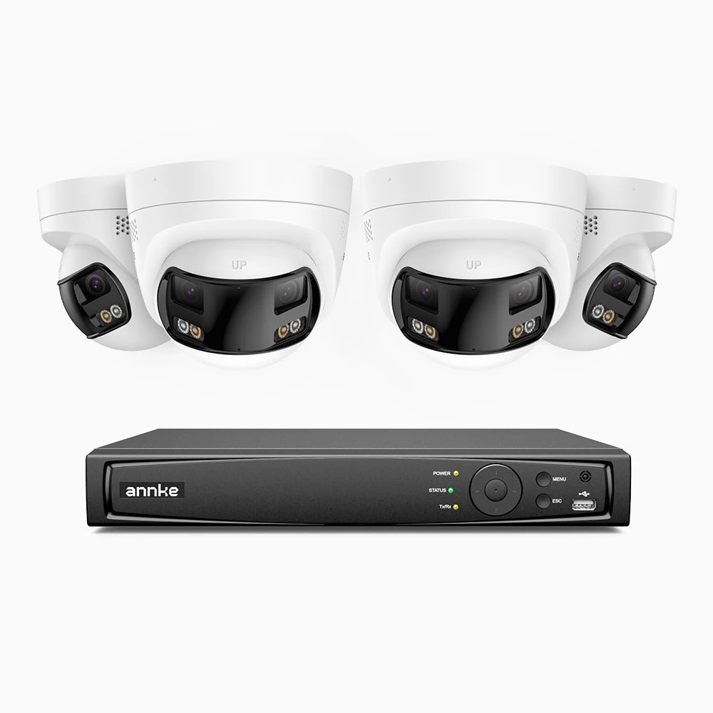 FDH600 - 8 Channel PoE Security System with 4 Dual Lens Cameras, 6MP Resolution, 180° Panoramic View, Smart Dual Light Night Vision, Two-Way Audio, Active Siren & Alarm, Human & Vehicle Detection, IP…