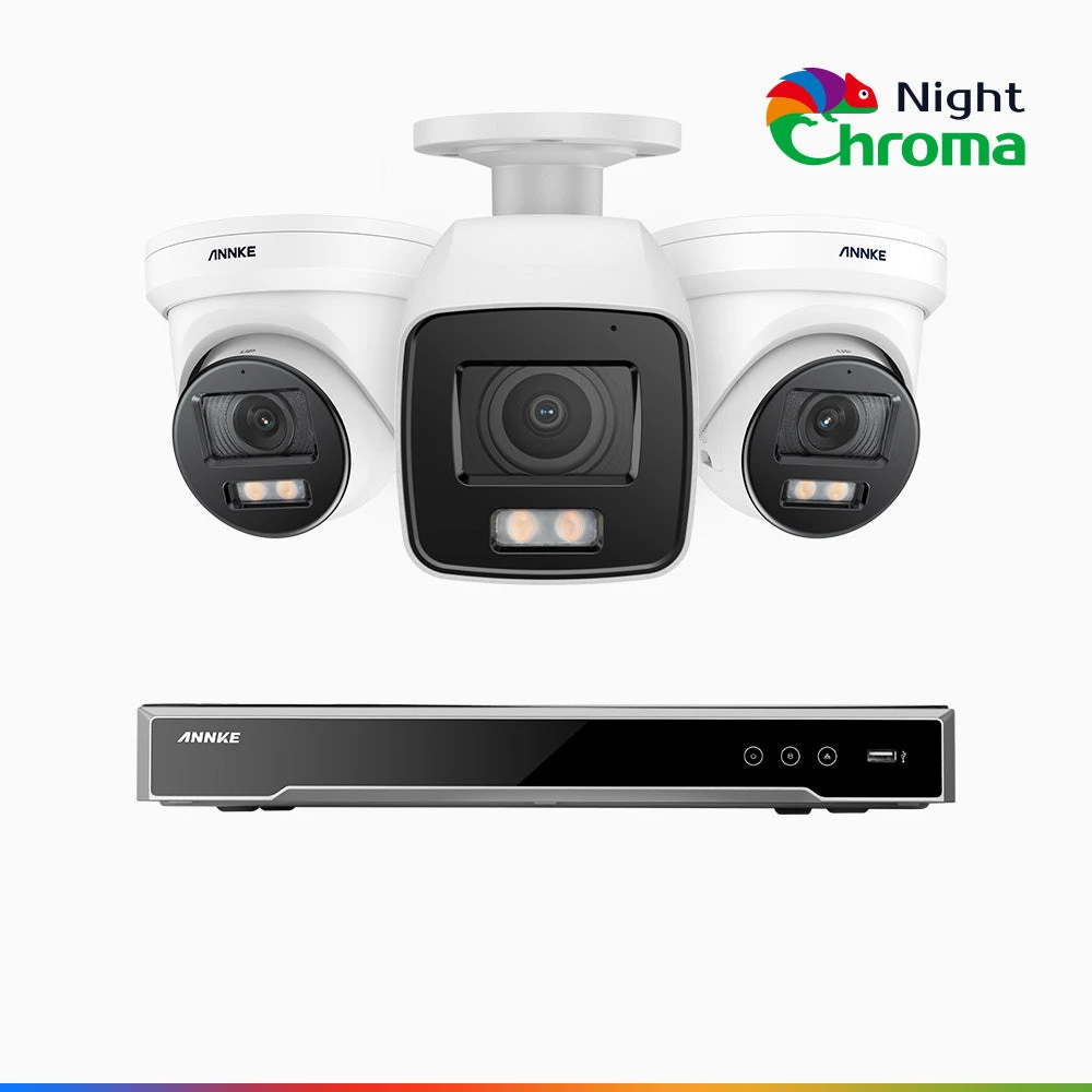 NightChromaTM NCK800 – 4K 8 Channel PoE Security System with 1 Bullet & 2 Turret Cameras, f/1.0 Super Aperture, Colour Night Vision, 2CH 4K Decoding Capability, Human & Vehicle Detection, Intelligent…