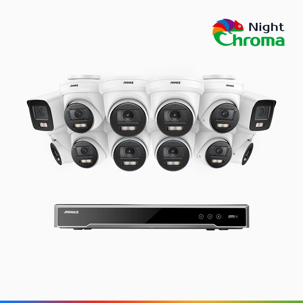 NightChromaTM NCK800 – 4K 16 Channel PoE Security System with 2 Bullet & 10 Turret Cameras, f/1.0 Super Aperture, Colour Night Vision, 2CH 4K Decoding Capability, Human & Vehicle Detection, Intellige…