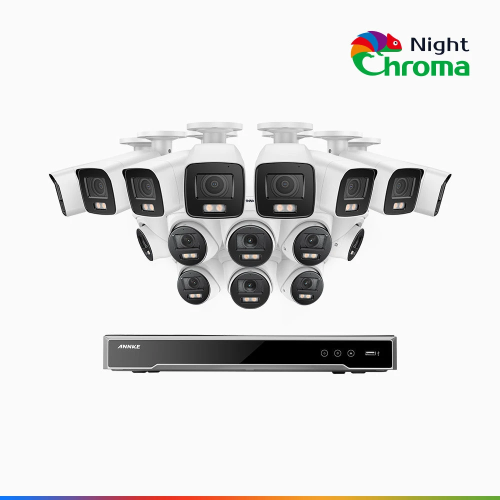 NightChromaTM NCK800 – 4K 16 Channel PoE Security System with 8 Bullet & 8 Turret Cameras, f/1.0 Super Aperture, Colour Night Vision, 2CH 4K Decoding Capability, Human & Vehicle Detection, Intelligen…