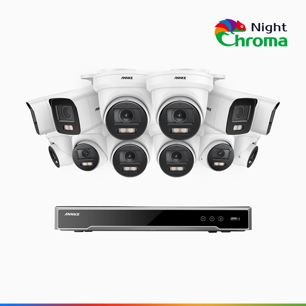 NightChromaTM NCK800 – 4K 16 Channel PoE Security System with 4 Bullet & 8 Turret Cameras, f/1.0 Super Aperture, Colour Night Vision, 2CH 4K Decoding Capability, Human & Vehicle Detection, Intelligen…