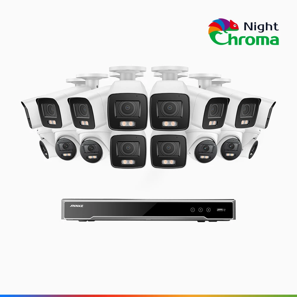 NightChromaTM NCK800 – 4K 16 Channel PoE Security System with 10 Bullet & 6 Turret Cameras, f/1.0 Super Aperture, Colour Night Vision, 2CH 4K Decoding Capability, Human & Vehicle Detection, Intellige…