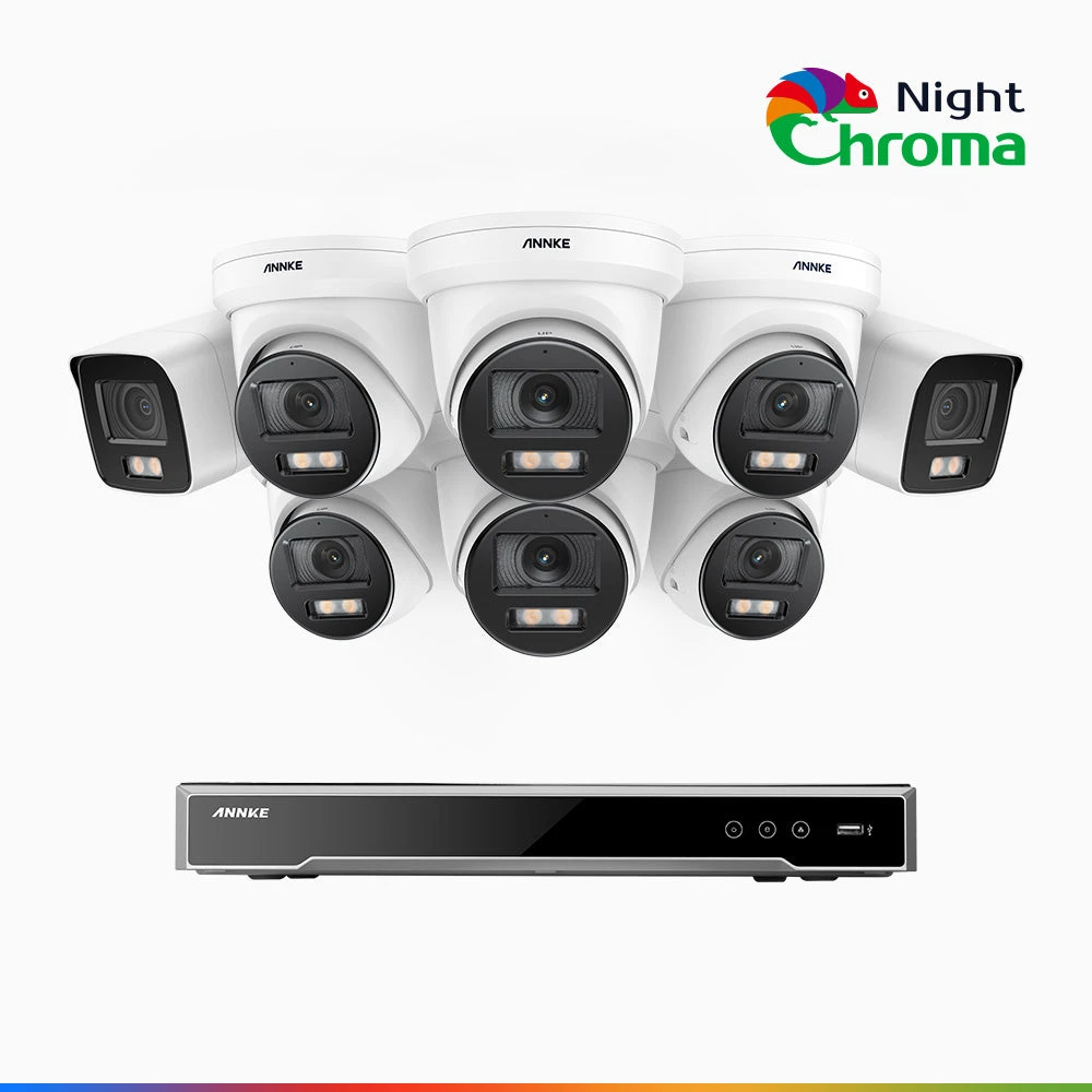 NightChromaTM NCK800 – 4K 16 Channel PoE Security System with 2 Bullet & 6 Turret Cameras, f/1.0 Super Aperture, Colour Night Vision, 2CH 4K Decoding Capability, Human & Vehicle Detection, Intelligen…