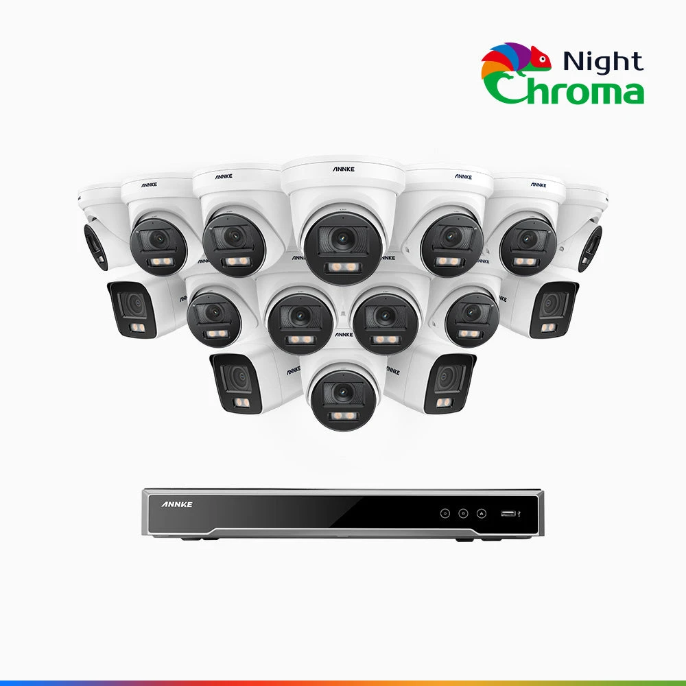 NightChromaTM NCK800 – 4K 16 Channel PoE Security System with 4 Bullet & 12 Turret Cameras, f/1.0 Super Aperture, Colour Night Vision, 2CH 4K Decoding Capability, Human & Vehicle Detection, Intellige…