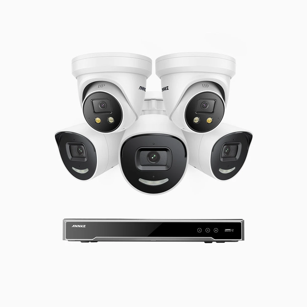 H800X - 4K 8 Channel PoE Security System with 3 Bullet & 2 Turret Cameras, 1/1.8'' BSI Sensor, f/1.6 Aperture (0.003 Lux), Siren & Strobe Alarm, 2CH 4K Decoding Capability, Human & Vehicle Detection,…