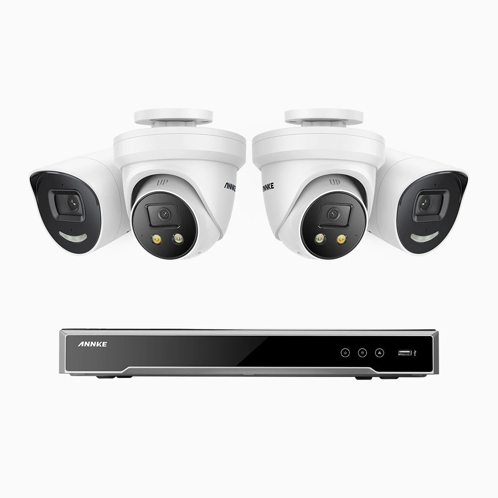 H800X - 4K 8 Channel PoE Security System with 2 Bullet & 2 Turret Cameras, 1/1.8'' BSI Sensor, f/1.6 Aperture (0.003 Lux), Siren & Strobe Alarm, 2CH 4K Decoding Capability, Human & Vehicle Detection,…