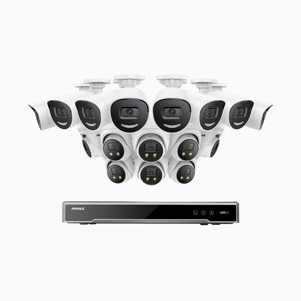 H800X - 4K 16 Channel PoE Security System with 8 Bullet & 8 Turret Cameras, 1/1.8'' BSI Sensor, f/1.6 Aperture (0.003 Lux), Siren & Strobe Alarm, 2CH 4K Decoding Capability, Human & Vehicle Detection…