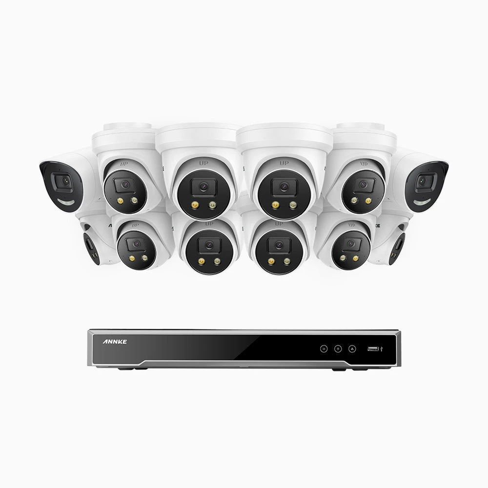 H800X - 4K 16 Channel PoE Security System with 2 Bullet & 10 Turret Cameras, 1/1.8'' BSI Sensor, f/1.6 Aperture (0.003 Lux), Siren & Strobe Alarm, 2CH 4K Decoding Capability, Human & Vehicle Detectio…