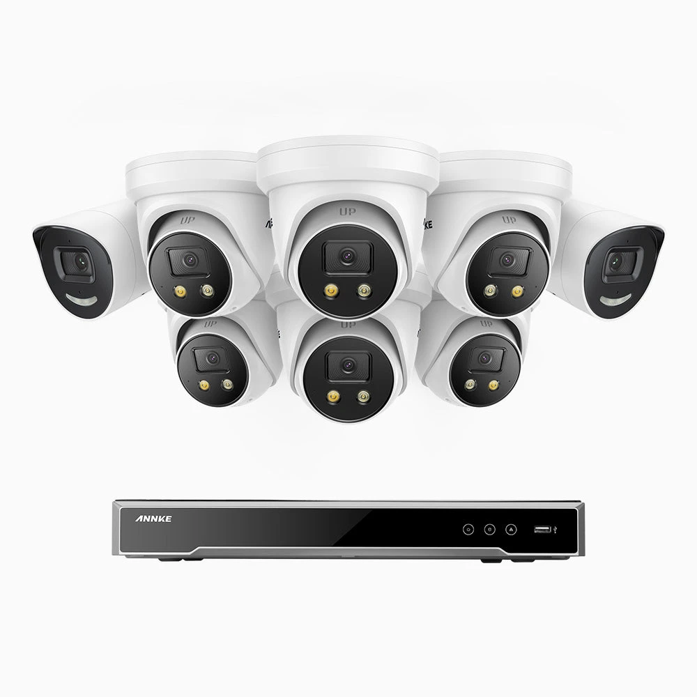 H800X - 4K 16 Channel PoE Security System with 2 Bullet & 6 Turret Cameras, 1/1.8'' BSI Sensor, f/1.6 Aperture (0.003 Lux), Siren & Strobe Alarm, 2CH 4K Decoding Capability, Human & Vehicle Detection…