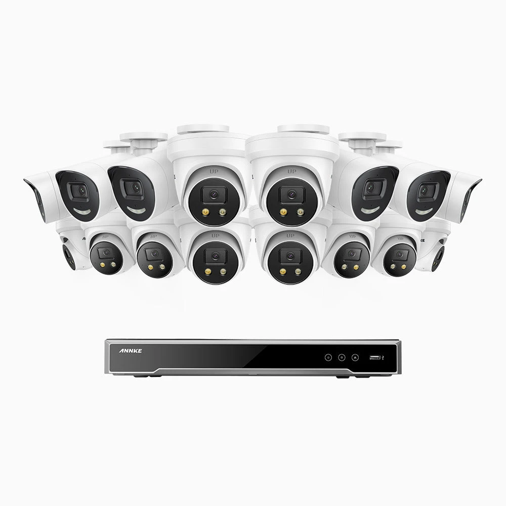 H800X - 4K 16 Channel PoE Security System with 6 Bullet & 10 Turret Cameras, 1/1.8'' BSI Sensor, f/1.6 Aperture (0.003 Lux), Siren & Strobe Alarm, 2CH 4K Decoding Capability, Human & Vehicle Detectio…