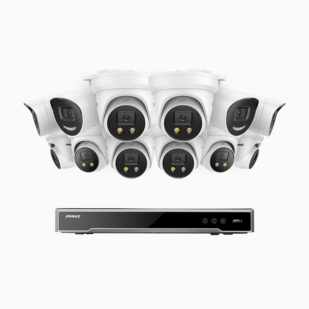 H800X - 4K 16 Channel PoE Security System with 4 Bullet & 8 Turret Cameras, 1/1.8'' BSI Sensor, f/1.6 Aperture (0.003 Lux), Siren & Strobe Alarm, 2CH 4K Decoding Capability, Human & Vehicle Detection…