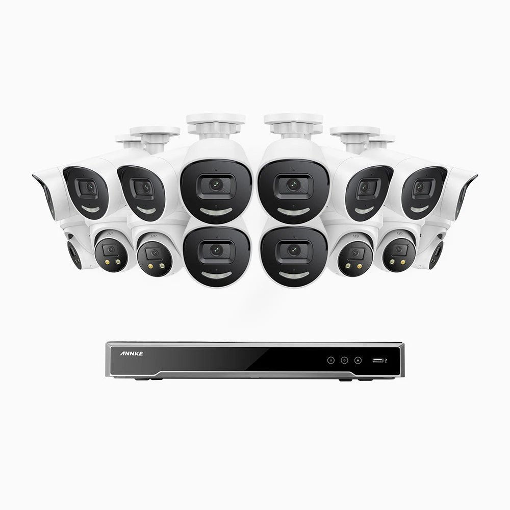 H800X - 4K 16 Channel PoE Security System with 10 Bullet & 6 Turret Cameras, 1/1.8'' BSI Sensor, f/1.6 Aperture (0.003 Lux), Siren & Strobe Alarm, 2CH 4K Decoding Capability, Human & Vehicle Detectio…