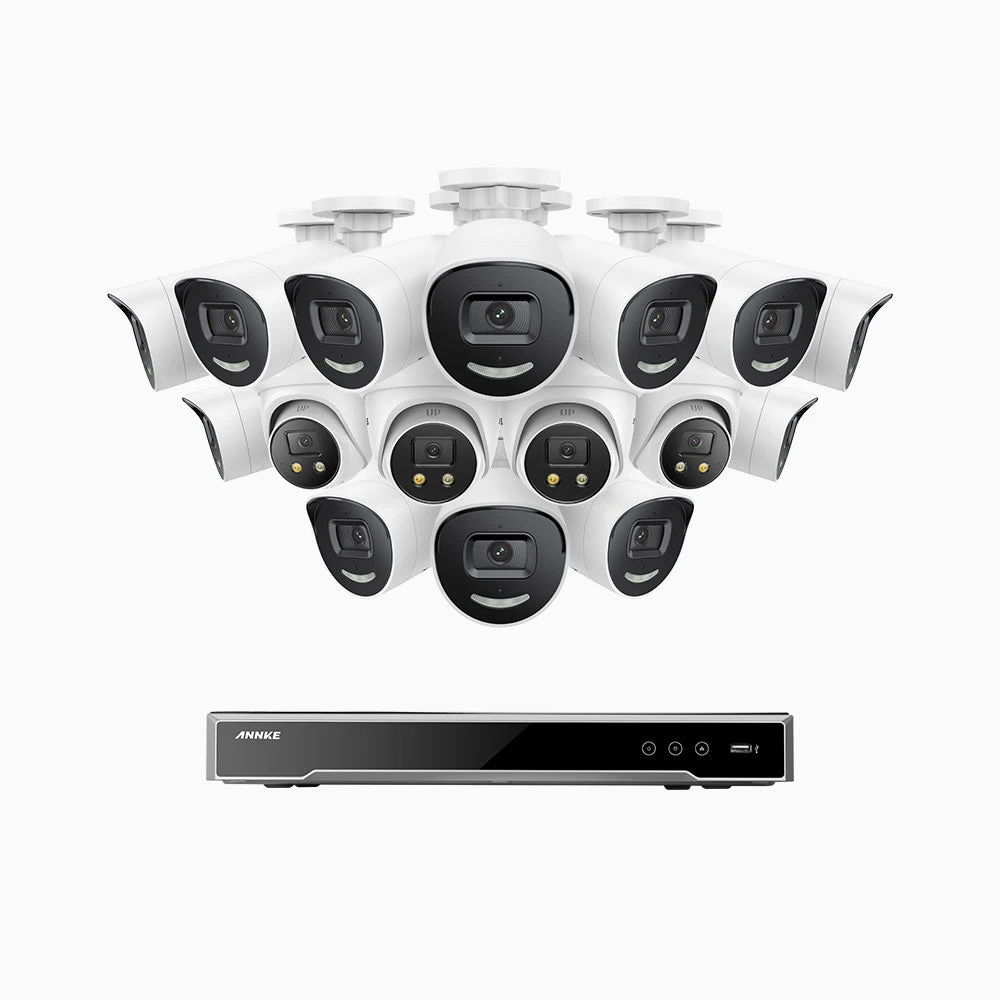 H800X - 4K 16 Channel PoE Security System with 12 Bullet & 4 Turret Cameras, 1/1.8'' BSI Sensor, f/1.6 Aperture (0.003 Lux), Siren & Strobe Alarm, 2CH 4K Decoding Capability, Human & Vehicle Detectio…