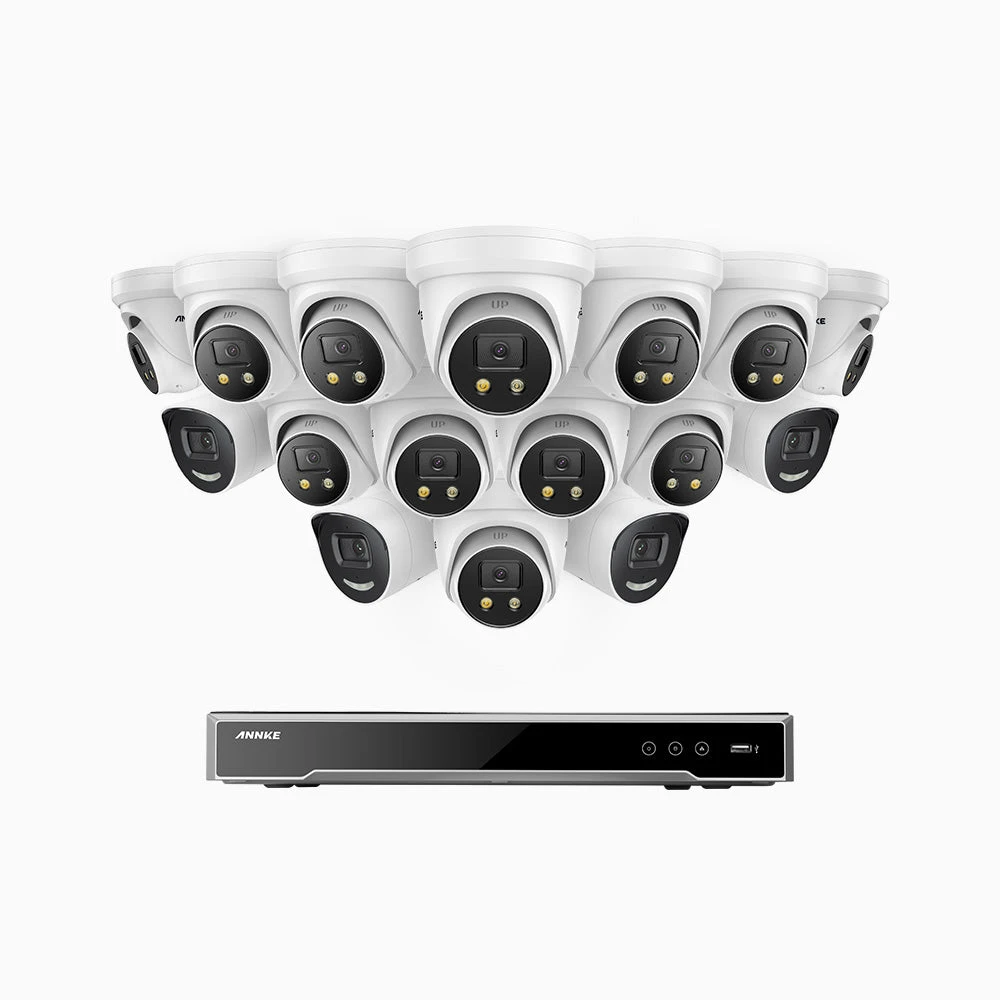H800X - 4K 16 Channel PoE Security System with 4 Bullet & 12 Turret Cameras, 1/1.8'' BSI Sensor, f/1.6 Aperture (0.003 Lux), Siren & Strobe Alarm, 2CH 4K Decoding Capability, Human & Vehicle Detectio…
