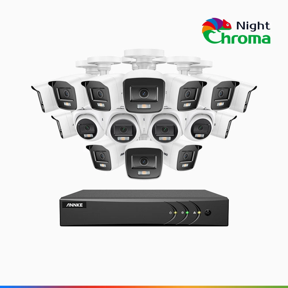 NightChromaTM NAK200 - 1080P 16 Channel Wired CCTV System with 12 Bullet & 4 Turret Cameras, Acme Colour Night Vision, f/1.0 Super Aperture, 0.001 Lux, 121° FoV, Active Alignment