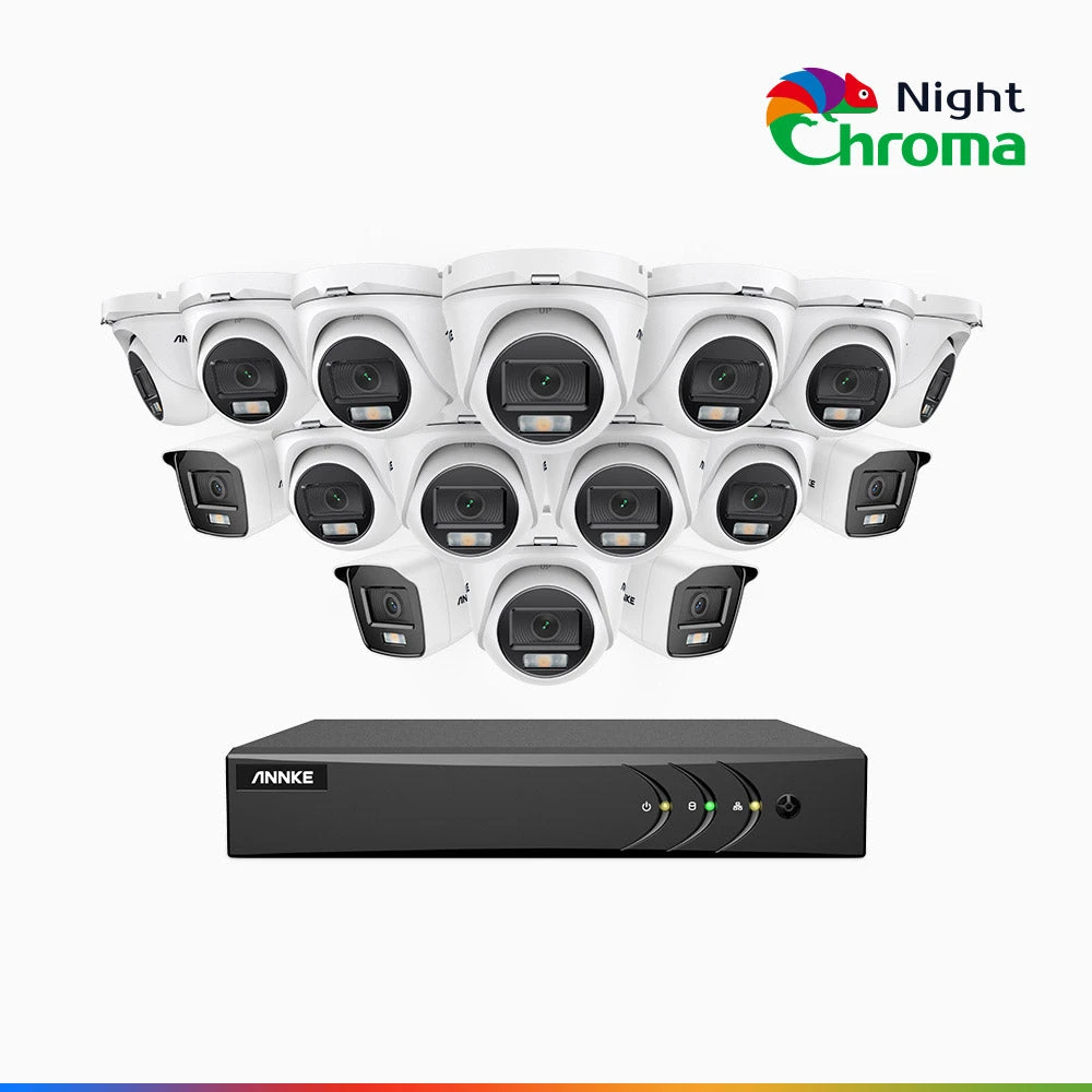 NightChromaTM NAK200 - 1080P 16 Channel Wired CCTV System with 4 Bullet & 12 Turret Cameras, Acme Colour Night Vision, f/1.0 Super Aperture, 0.001 Lux, 121° FoV, Active Alignment