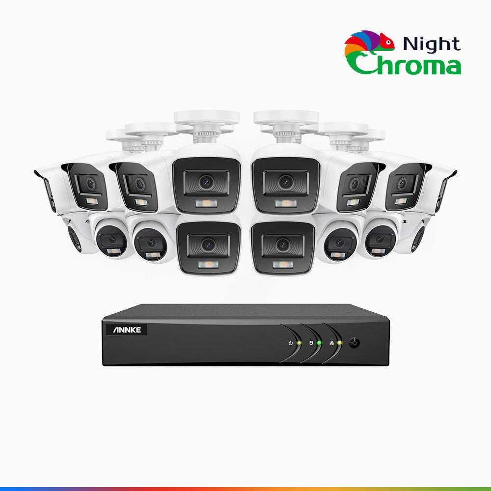 NightChromaTM NAK200 - 1080P 16 Channel Wired CCTV System with 10 Bullet & 6 Turret Cameras, Acme Colour Night Vision, f/1.0 Super Aperture, 0.001 Lux, 121° FoV, Active Alignment