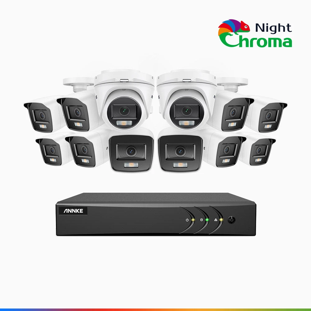 NightChromaTM NAK200 - 1080P 16 Channel Wired CCTV System with 10 Bullet & 2 Turret Cameras, Acme Colour Night Vision, f/1.0 Super Aperture, 0.001 Lux, 121° FoV, Active Alignment