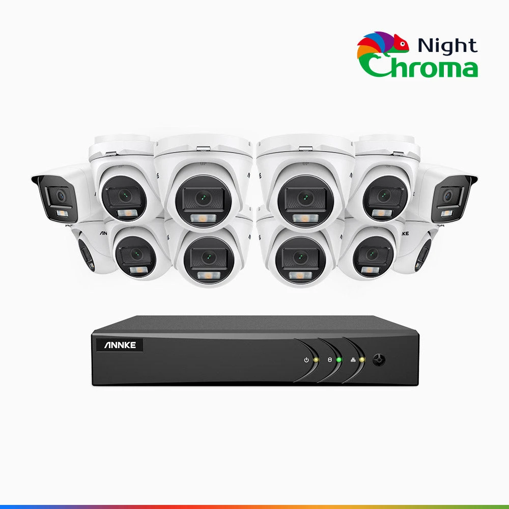 NightChromaTM NAK200 - 1080P 16 Channel Wired CCTV System with 2 Bullet & 10 Turret Cameras, Acme Colour Night Vision, f/1.0 Super Aperture, 0.001 Lux, 121° FoV, Active Alignment