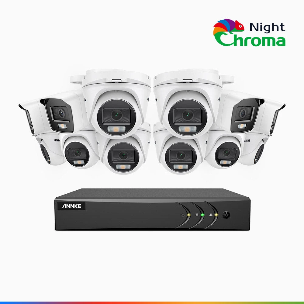 NightChromaTM NAK200 - 1080P 16 Channel Wired CCTV System with 4 Bullet & 8 Turret Cameras, Acme Colour Night Vision, f/1.0 Super Aperture, 0.001 Lux, 121° FoV, Active Alignment