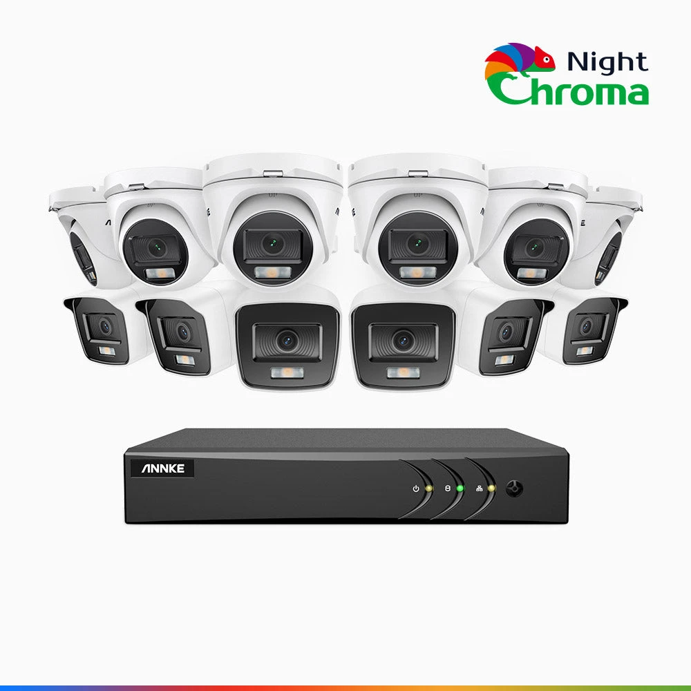 NightChromaTM NAK200 - 1080P 16 Channel Wired CCTV System with 6 Bullet & 6 Turret Cameras, Acme Colour Night Vision, f/1.0 Super Aperture, 0.001 Lux, 121° FoV, Active Alignment