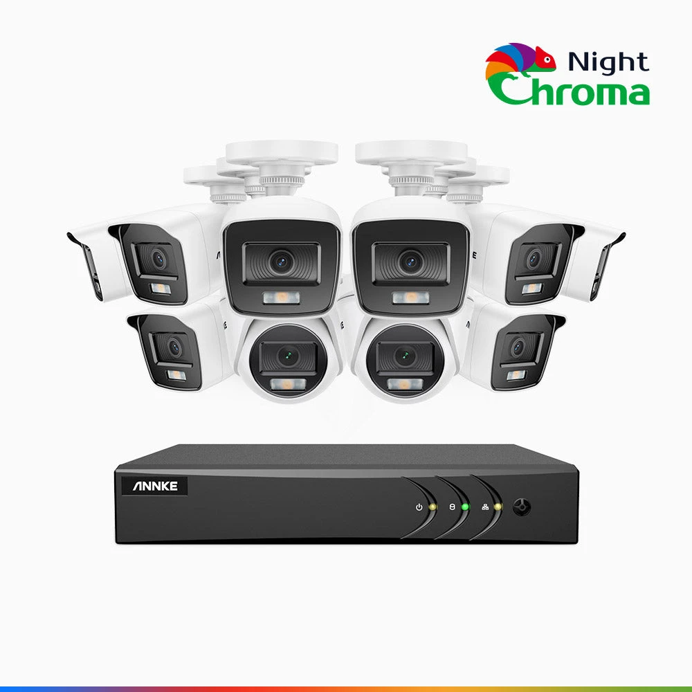 NightChromaTM NAK200 - 1080P 16 Channel Wired CCTV System with 8 Bullet & 2 Turret Cameras, Acme Colour Night Vision, f/1.0 Super Aperture, 0.001 Lux, 121° FoV, Active Alignment