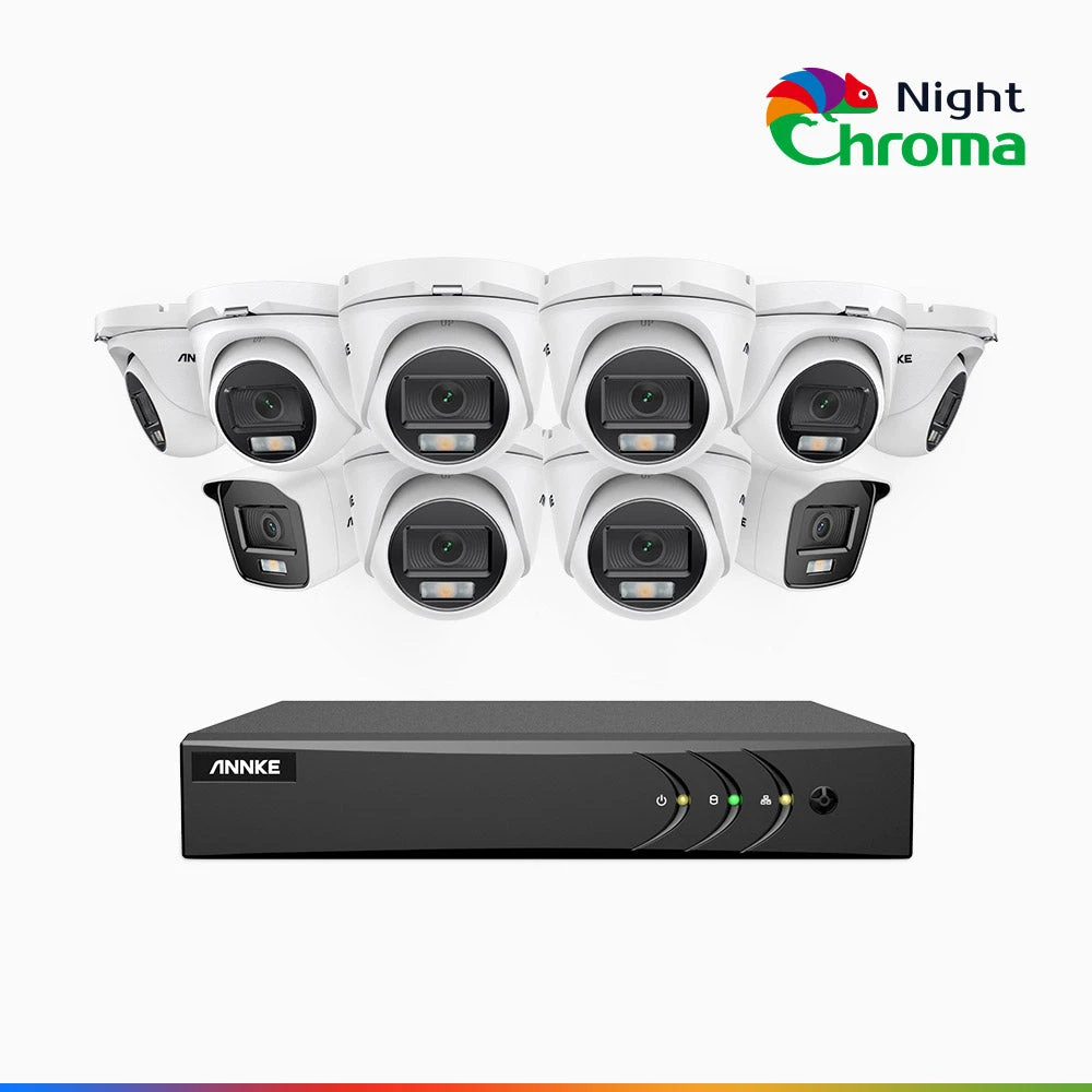 NightChromaTM NAK200 - 1080P 16 Channel Wired CCTV System with 2 Bullet & 8 Turret Cameras, Acme Colour Night Vision, f/1.0 Super Aperture, 0.001 Lux, 121° FoV, Active Alignment