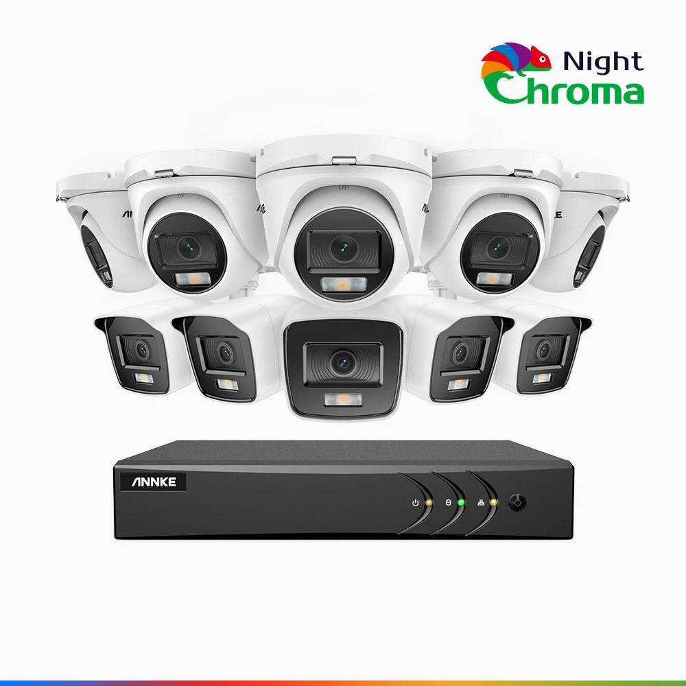 NightChromaTM NAK200 - 1080P 16 Channel Wired CCTV System with 5 Bullet & 5 Turret Cameras, Acme Colour Night Vision, f/1.0 Super Aperture, 0.001 Lux, 121° FoV, Active Alignment