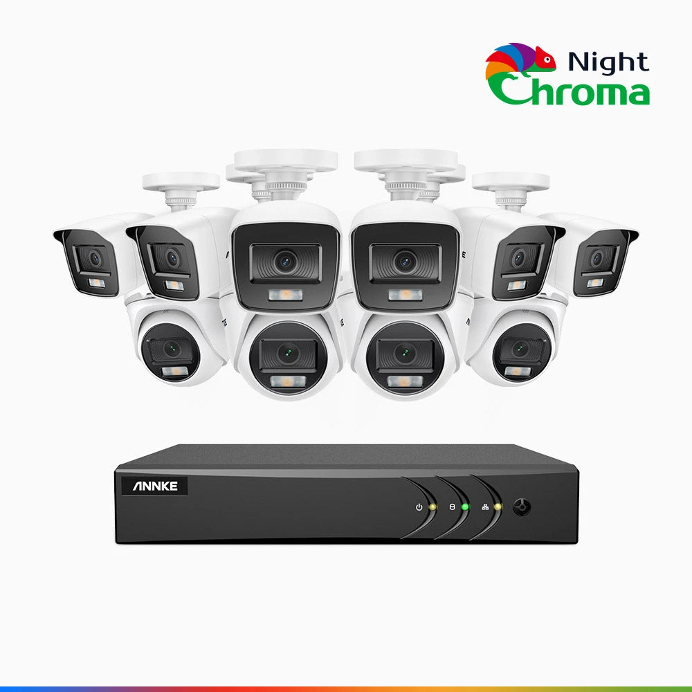 NightChromaTM NAK200 - 1080P 16 Channel Wired CCTV System with 6 Bullet & 4 Turret Cameras, Acme Colour Night Vision, f/1.0 Super Aperture, 0.001 Lux, 121° FoV, Active Alignment