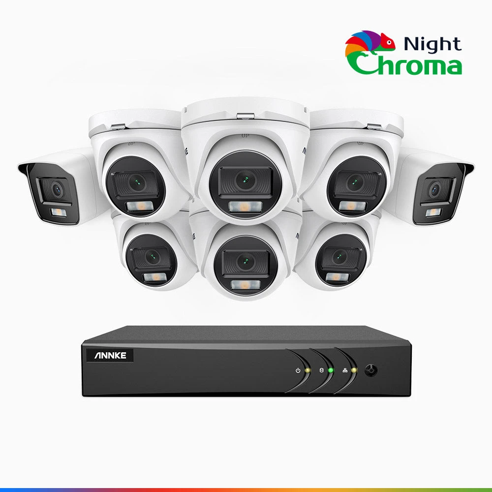 NightChromaTM NAK200 - 1080P 16 Channel Wired CCTV System with 2 Bullet & 6 Turret Cameras, Acme Colour Night Vision, f/1.0 Super Aperture, 0.001 Lux, 121° FoV, Active Alignment