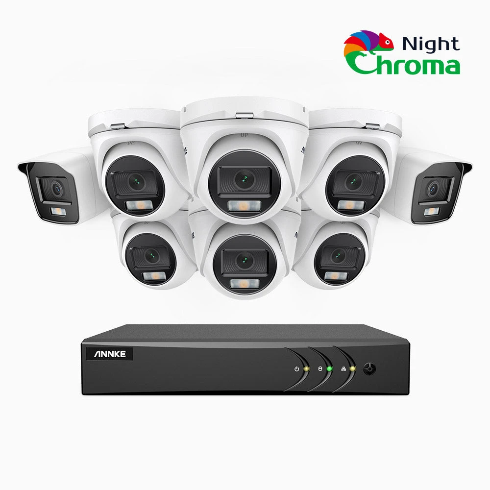 NightChromaTM NAK200 - 1080P 8 Channel Wired CCTV System with 2 Bullet & 6 Turret Cameras, Acme Colour Night Vision, f/1.0 Super Aperture, 0.001 Lux, 121° FoV, Active Alignment