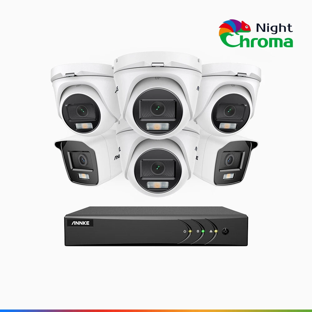 NightChromaTM NAK200 - 1080P 8 Channel Wired CCTV System with 2 Bullet & 4 Turret Cameras, Acme Colour Night Vision, f/1.0 Super Aperture, 0.001 Lux, 121° FoV, Active Alignment