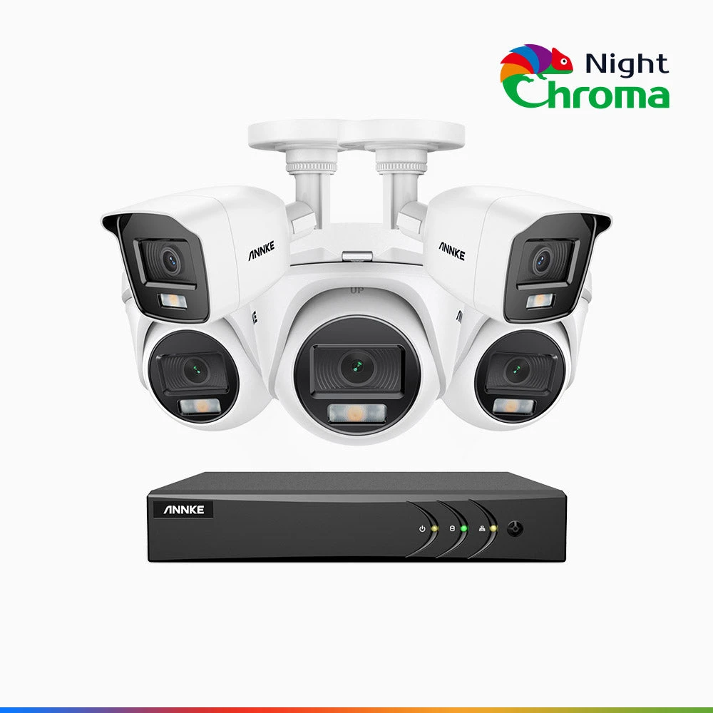NightChromaTM NAK200 - 1080P 8 Channel Wired CCTV System with 2 Bullet & 3 Turret Cameras, Acme Colour Night Vision, f/1.0 Super Aperture, 0.001 Lux, 121° FoV, Active Alignment
