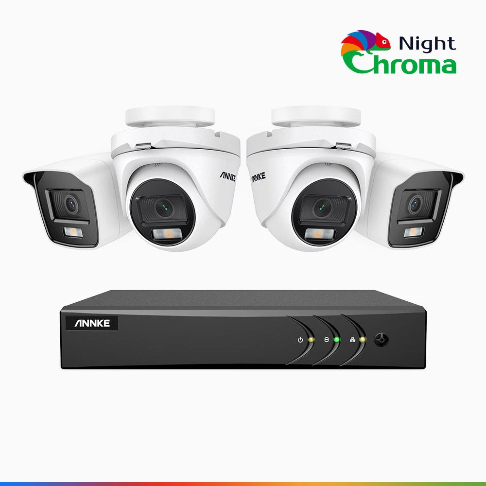 NightChromaTM NAK200 - 1080P 8 Channel Wired CCTV System with 2 Bullet & 2 Turret Cameras, Acme Colour Night Vision, f/1.0 Super Aperture, 0.001 Lux, 121° FoV, Active Alignment