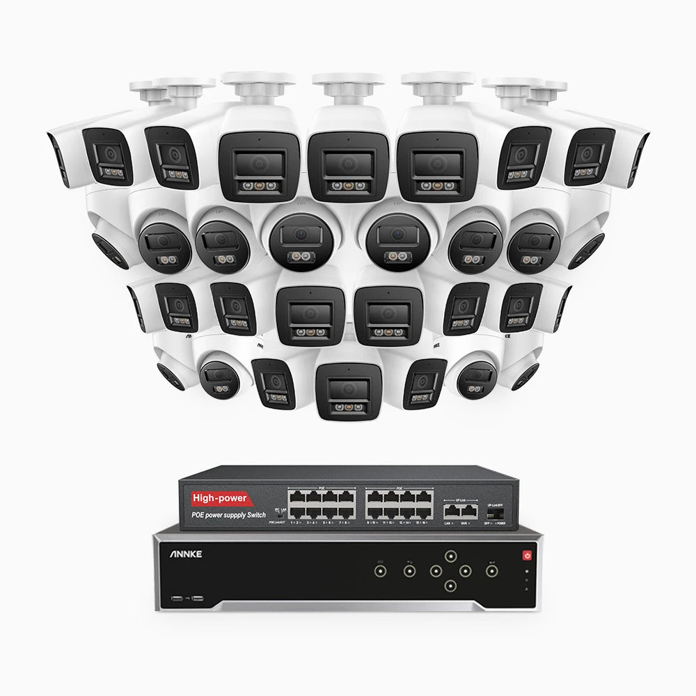 H800 - 4K 32 Channel PoE Security CCTV System with 20 Bullet & 12 Turret Cameras, Human & Vehicle Detection, Colour & IR Night Vision, Built-in Mic, RTSP Supported, 16-Port PoE Switch Included