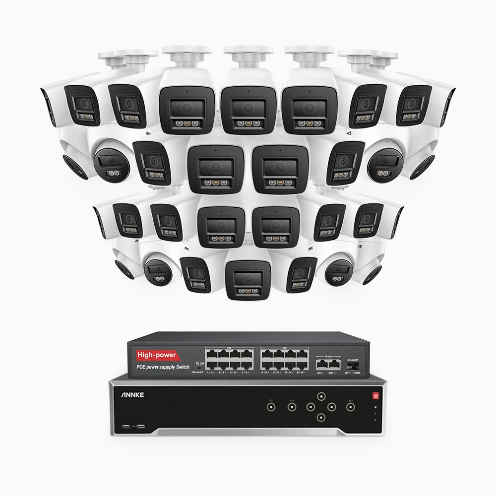 H800 - 4K 32 Channel PoE Security CCTV System with 24 Bullet & 8 Turret Cameras, Human & Vehicle Detection, Colour & IR Night Vision, Built-in Mic, RTSP Supported, 16-Port PoE Switch Included