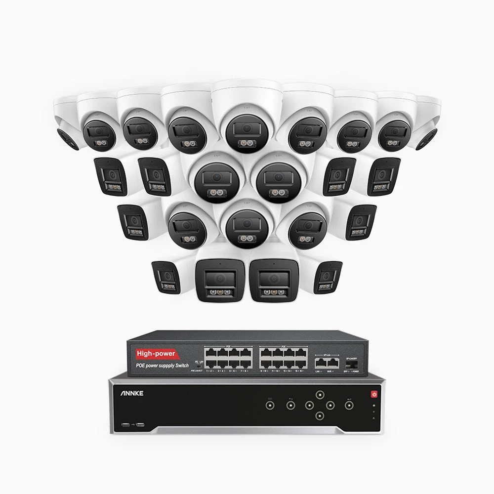 H800 - 4K 32 Channel PoE Security CCTV System with 10 Bullet & 14 Turret Cameras, Human & Vehicle Detection, Colour & IR Night Vision, Built-in Mic, RTSP Supported, 16-Port PoE Switch Included
